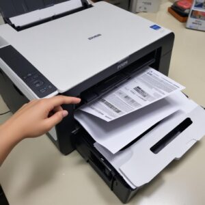 Tangan sedang menarik kertas yang macet dari dalam printer Epson L3210 secara hati-hati dan perlahan.