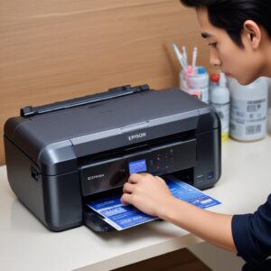 Tangan sedang mengisi ulang tangki tinta printer Epson EcoTank dengan botol tinta original, menunjukkan kemudahan dan kebersihan prosesnya.