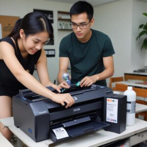 Tangan sedang mengisi ulang tangki tinta printer EcoTank, menunjukkan proses yang mudah dan bersih. Ada botol tinta di samping.
