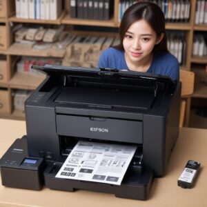 Tangan seseorang sedang menuang tinta ke tangki printer Epson EcoTank, menyoroti kemudahan pengisian ulang tinta dan sistem EcoTank yang hemat.