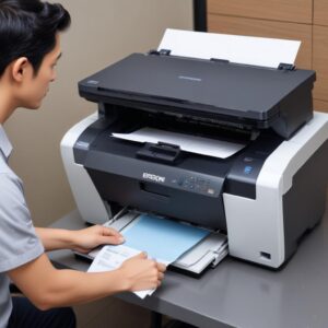 Tangan yang sedang membersihkan bagian luar printer Epson L6270 dengan kain microfiber, menunjukkan aktivitas perawatan rutin. Di latar belakang, dokumen yang baru saja dicetak terlihat rapi di meja.