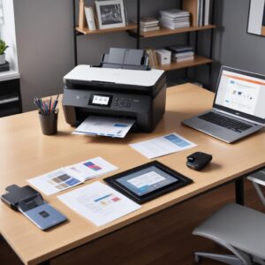 A busy home office setup with a modern Epson printer connected wirelessly to a laptop and smartphone, showcasing productivity and convenience.