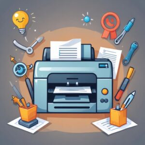 A cartoon image of a happy printer icon successfully printing documents, surrounded by tools and a checkmark, symbolizing successful troubleshooting and smooth operation.