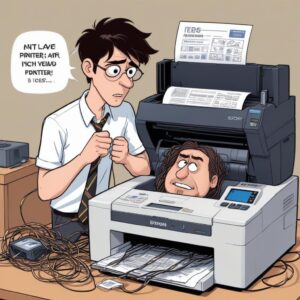 A cartoon person looking confused at a printer with an error message, surrounded by tangled cables. The printer is an Epson.