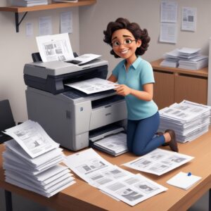 A cartoon style image of a happy person printing documents effortlessly with a working Epson printer, surrounded by neatly stacked printed papers.