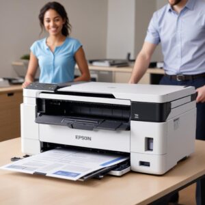 A clean and functioning Epson L3210 printer, successfully printing a document, with a smiling person in the background, signifying satisfaction and problem resolution.