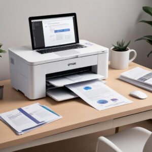 A clean and organized desk setup featuring an Apple MacBook and an Epson L3210 printer, with a printed document lying neatly beside them, suggesting productivity and seamless integration.