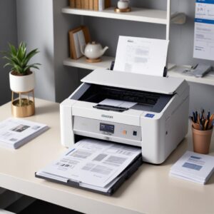A clean and organized desk with an Epson EcoTank L3210 printer actively printing high-quality documents, symbolizing optimal performance and a smooth workflow.