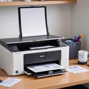 A clean and well-maintained Epson L3210 printer sitting on a desk, next to a computer displaying a