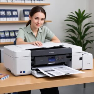A clean and well-maintained Epson L3210 printer, looking functional and ready to print, with a satisfied user in the background.