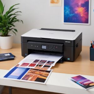 A clean and well-maintained Epson L3210 printer sitting on a desk with a stack of perfectly printed, vibrant color photos next to it.