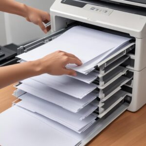 A clean and well-organized printer tray filled with a neat stack of A4 paper, with the paper guides perfectly adjusted to hold the paper firmly without bending. A hand is gently adjusting the paper stack.