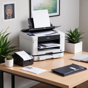 A clean, organized desk with an Epson L3210 printer, a laptop, and a neatly coiled USB cable, symbolizing a smooth and problem-free printing setup.