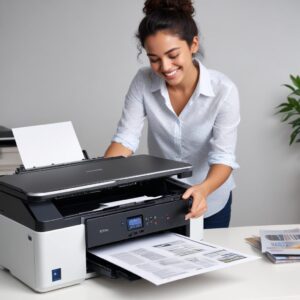 A clean, perfectly printed document coming out of an Epson L3210 printer, with a happy person looking at it, signifying successful troubleshooting.