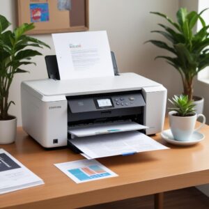 A clean, well-lit desk setup with an Epson L3210 printer printing a colorful document, next to a sleek MacBook displaying a successful print confirmation message. A cup of coffee and a small plant are also on the desk.