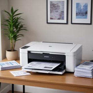 A clean, well-maintained Epson L3210 printer sitting on a desk next to a stack of crisp, perfectly printed documents and vibrant photos, illustrating optimal performance and high-quality output.