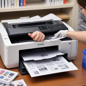 A clean, well-maintained Epson L3210 printer with a hand showing a thumbs up gesture, surrounded by neatly stacked printed papers and ink bottles, symbolizing successful problem-solving and good maintenance.