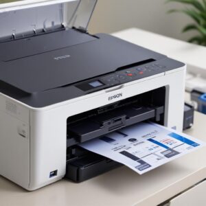 A clear, close-up image of the Epson L3210 printer's control panel and ink tanks, emphasizing ease of checking ink levels. The background should be a clean home office setup.