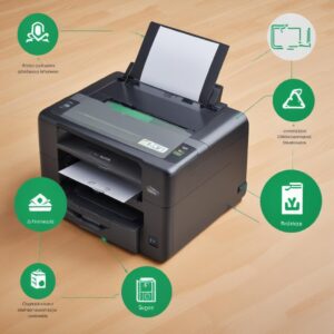 A clear, step-by-step infographic showing the installation process of a printer driver, from double-clicking the setup file to connecting the printer, with green checkmarks indicating successful steps.