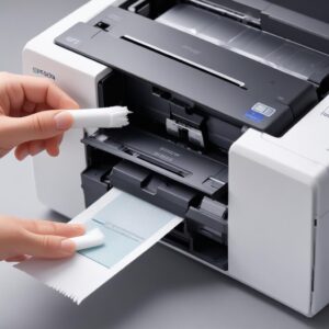 A close-up illustration of a person cleaning the internal sensors of an Epson printer with a cotton swab, showing detail and care.