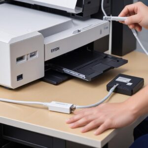 A close-up of a USB cable being plugged into the back of an Epson L3210 printer, with a computer monitor in the background displaying an installation wizard.