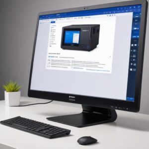A close-up of a computer screen showing the Epson L3210 driver download page on the official Epson website, with a mouse cursor hovering over the'Download' button. The printer itself is connected to the computer via a USB cable.