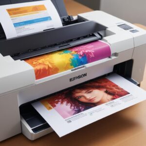 A close-up of a perfectly printed color document coming out of an Epson printer, showcasing crisp text and vibrant images.