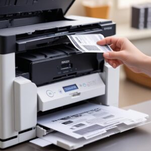 A close-up of an Epson L3210 printer showing an open ink tank and a hand refilling it, while a blurred laptop screen in the background displays a