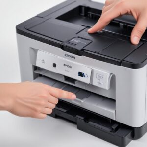 A close-up of the Epson L3210 ink tanks, clearly showing low ink levels and a hand pointing to refill it, with an overlay illustrating the internal waste ink pad system.