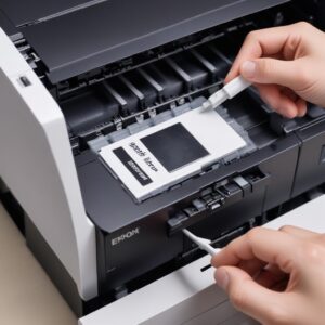 A close-up shot of a USB cable being firmly inserted into the back of an Epson L3210 printer, with a hand doing the action. The background shows a computer tower.
