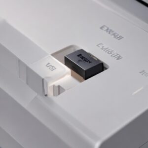 A close-up shot of a Wi-Fi dongle plugged into the USB port of an Epson L3210 printer, with a subtle glow indicating activity.