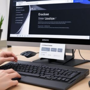 A close-up shot of a computer screen showing the official Epson support website, with