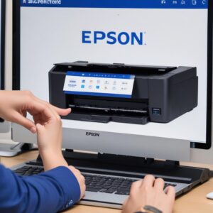 A close-up shot of a computer screen showing the Epson official website with the download page for the L3210 printer driver, highlighting the