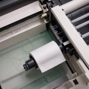 A close-up shot of a dirty paper pickup roller inside an Epson L3210 printer, with a clean cotton swab next to it.
