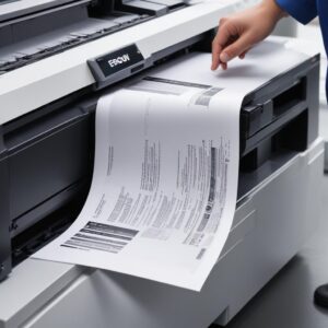 A close-up shot of a document being printed in A3 size from an Epson printer, emphasizing the quality and large format output.