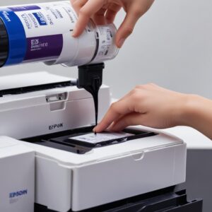 A close-up shot of a hand carefully pouring a bottle of genuine Epson ink into the L3210's ink tank, emphasizing the ease of refilling and the importance of using original ink.
