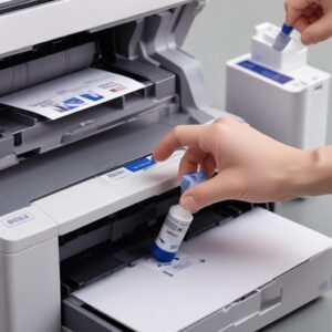 A close-up shot of a hand carefully filling an Epson L3210 ink tank with an Epson 003 ink bottle, showing the mess-free design of the bottle and tank.