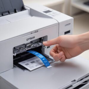 A close-up shot of a hand carefully plugging a USB cable into an Epson L3210 printer, with a computer screen in the blurred background displaying a resetter program interface with a progress bar. Emphasize the careful connection.