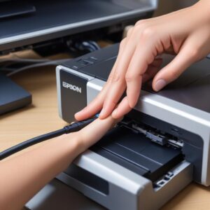 A close-up shot of a hand plugging a USB cable firmly into the back of an Epson printer, with a computer monitor showing a desktop in the background.