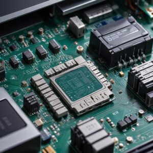 A close-up shot of a mainboard inside a printer, with a fuse highlighted or zoomed in, showing tiny electronic components.