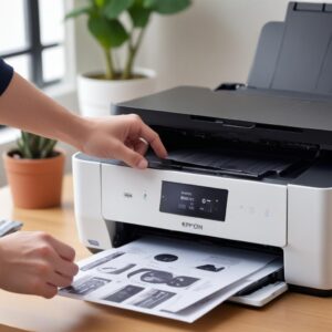 A close-up shot of a modern Epson L3210 printer, showing the ink tanks with visible ink levels, and a user's hand pointing to the ink level indicator, in a clean home office setting.