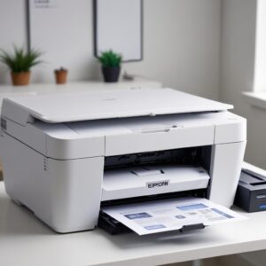 A close-up shot of a modern Epson L3210 printer with its power and ink indicator lights visibly blinking. The background is a clean, minimalist workspace.