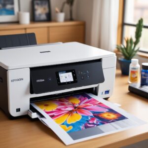 A close-up shot of a modern Epson EcoTank printer (like L8050) actively printing a vibrant, high-quality photo on glossy paper, with ink bottles visible and a smartphone connected via Wi-Fi in the background. The photo being printed shows vivid colors and sharp details.
