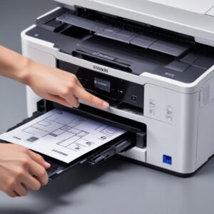 A close-up shot of a new Epson L3210 printer, with the ink indicator light brightly illuminated, and a user's hand reaching towards the control panel. The scene should convey a slight sense of frustration but with an underlying optimism.