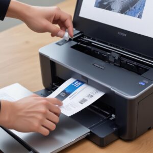 A close-up shot of a person's hands carefully performing a print head cleaning on an Epson L3110 printer through its software interface displayed on a laptop screen. The printer is open, showing the ink tank system.