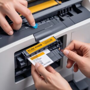 A close-up shot of a printer control panel showing a