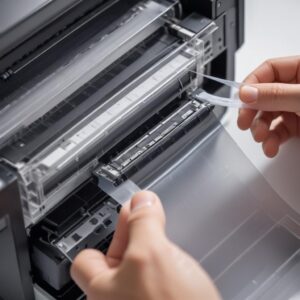 A close-up shot of a transparent encoder strip inside a printer, with a hand gently cleaning it with a soft cloth. The strip has faint markings.