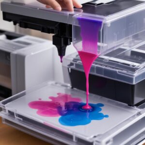 A close-up shot of a transparent ink tank being refilled with colored ink, showing the liquid level rising. The printer model (Epson L3210) should be subtly recognizable in the background. The focus is on the act of refilling.