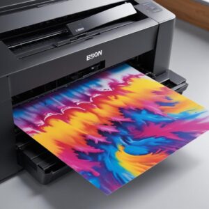 A close-up shot of a vibrant, high-quality photo being printed by an Epson EcoTank Photo Series printer, showing rich colors and sharp details. The printer has large ink tanks visible.