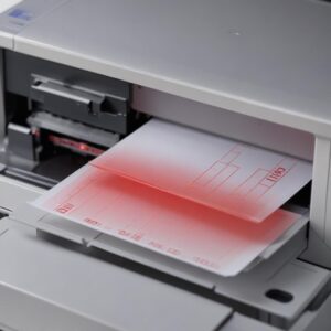 A close-up shot of an Epson L3210 printer with a prominent red warning light blinking, indicating an error. The printer should be in a home or small office setting.